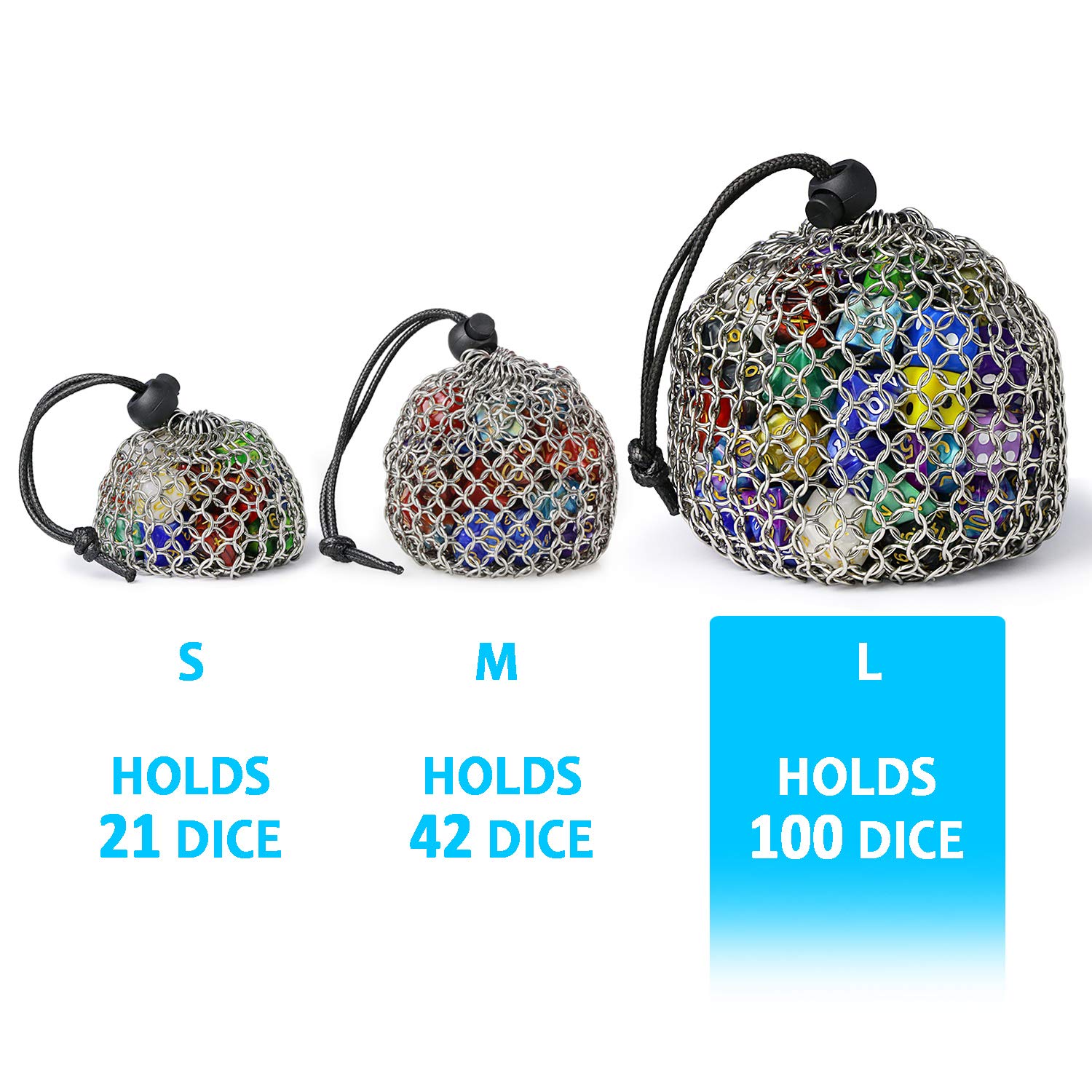 YOUSHARES Chainmail D&D Dice Bag - Large Capacity Stainless Steel Drawstring Dice Bag for Dungeons and Dragons Dice Set (Hold 100 DND Dice)