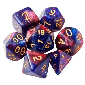 dnd dice set glitter polyhedral dice d&d dice with a black pouch for dragons and dungeons(blue fuchsia)