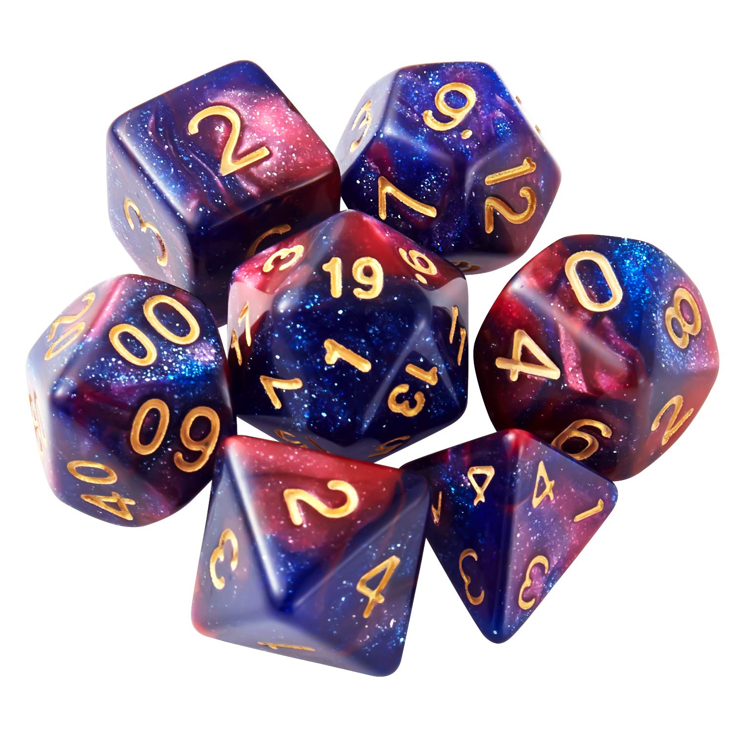 DND Dice Set Glitter Polyhedral Dice D&D Dice with a Black Pouch for Dragons and Dungeons(Blue Fuchsia)