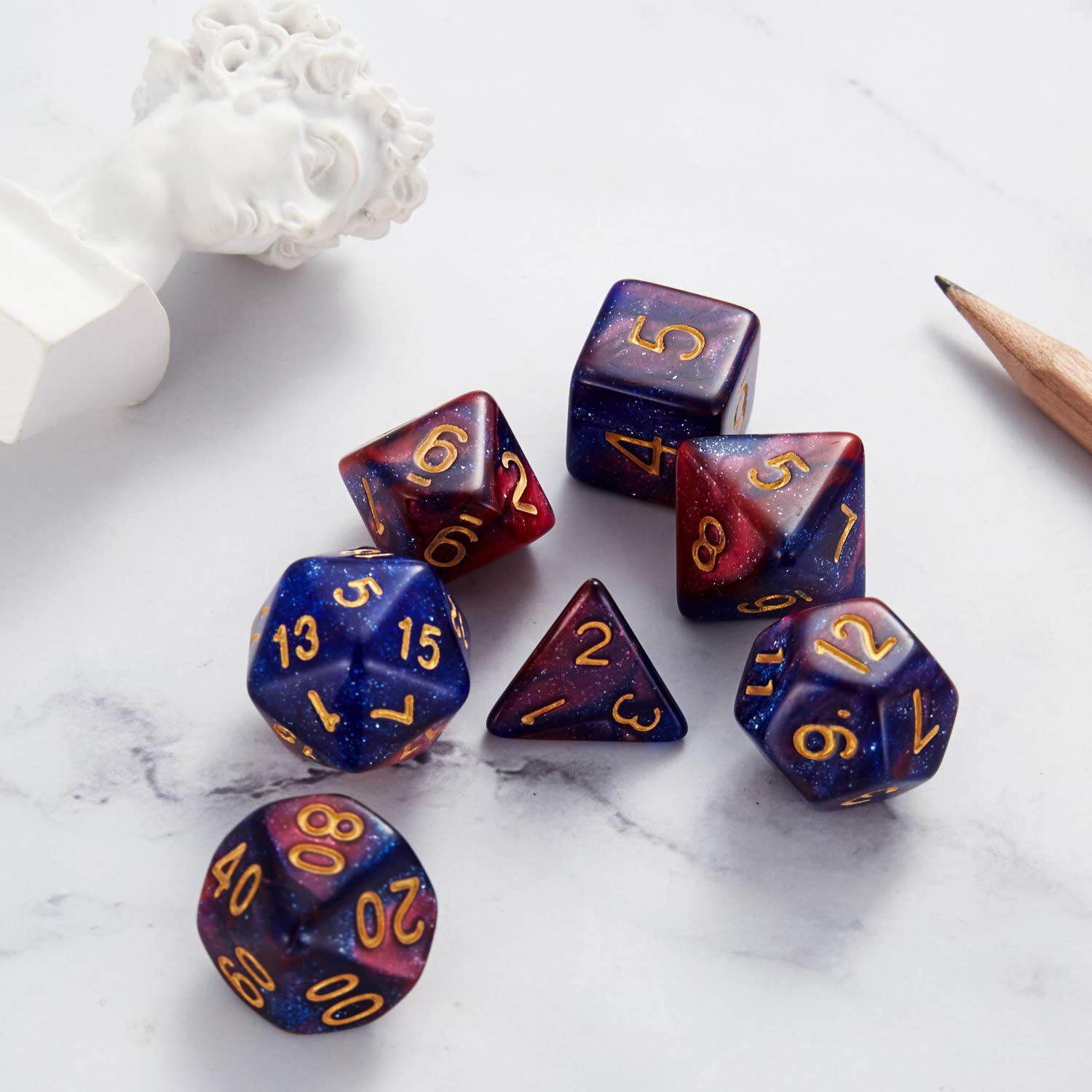 DND Dice Set Glitter Polyhedral Dice D&D Dice with a Black Pouch for Dragons and Dungeons(Blue Fuchsia)