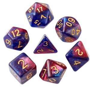 DND Dice Set Glitter Polyhedral Dice D&D Dice with a Black Pouch for Dragons and Dungeons(Blue Fuchsia)