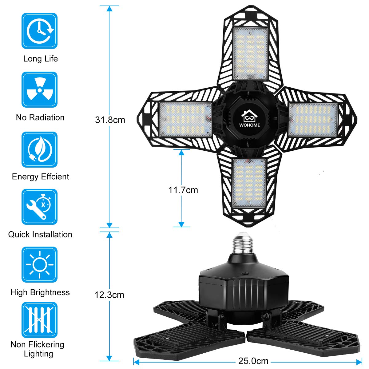 Wohome Garage Light, 150W 15000LM LED Garage Light,E26/E27 Garage Ceiling Lighting with 4 Adjustable Panels,6500K Daylight LED for Shop, Barn,Warehouse, Basement