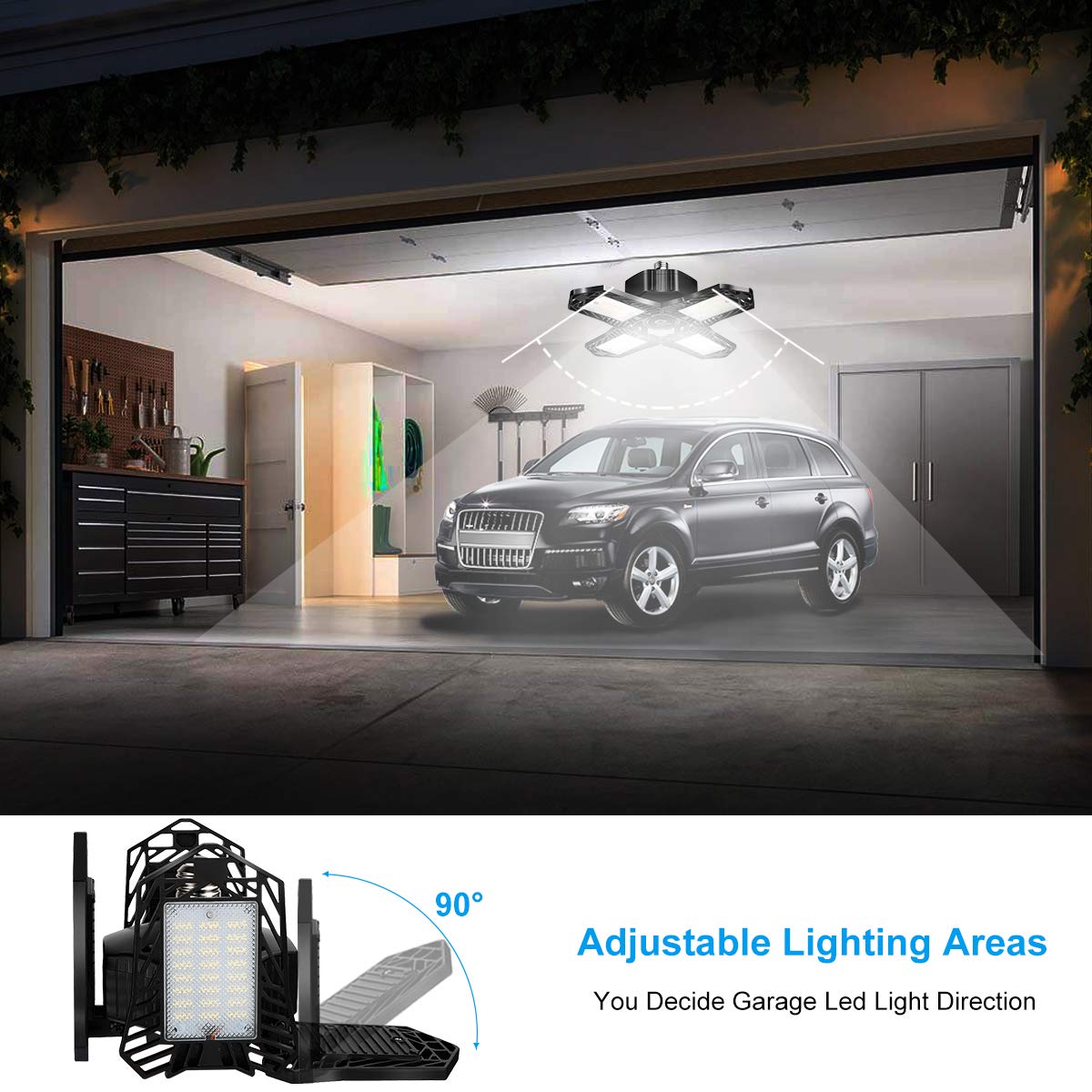 Wohome Garage Light, 150W 15000LM LED Garage Light,E26/E27 Garage Ceiling Lighting with 4 Adjustable Panels,6500K Daylight LED for Shop, Barn,Warehouse, Basement