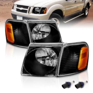 amerilite for 2001-2005 ford explorer sport trac crystal black replacement headlights with corner lamp set - passenger and driver side