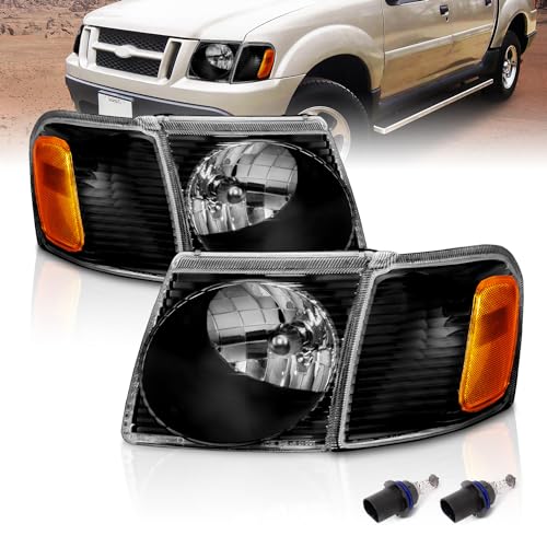 AmeriLite for 2001-2005 Ford Explorer Sport Trac Crystal Black Replacement Headlights with Corner Lamp Set - Passenger and Driver Side