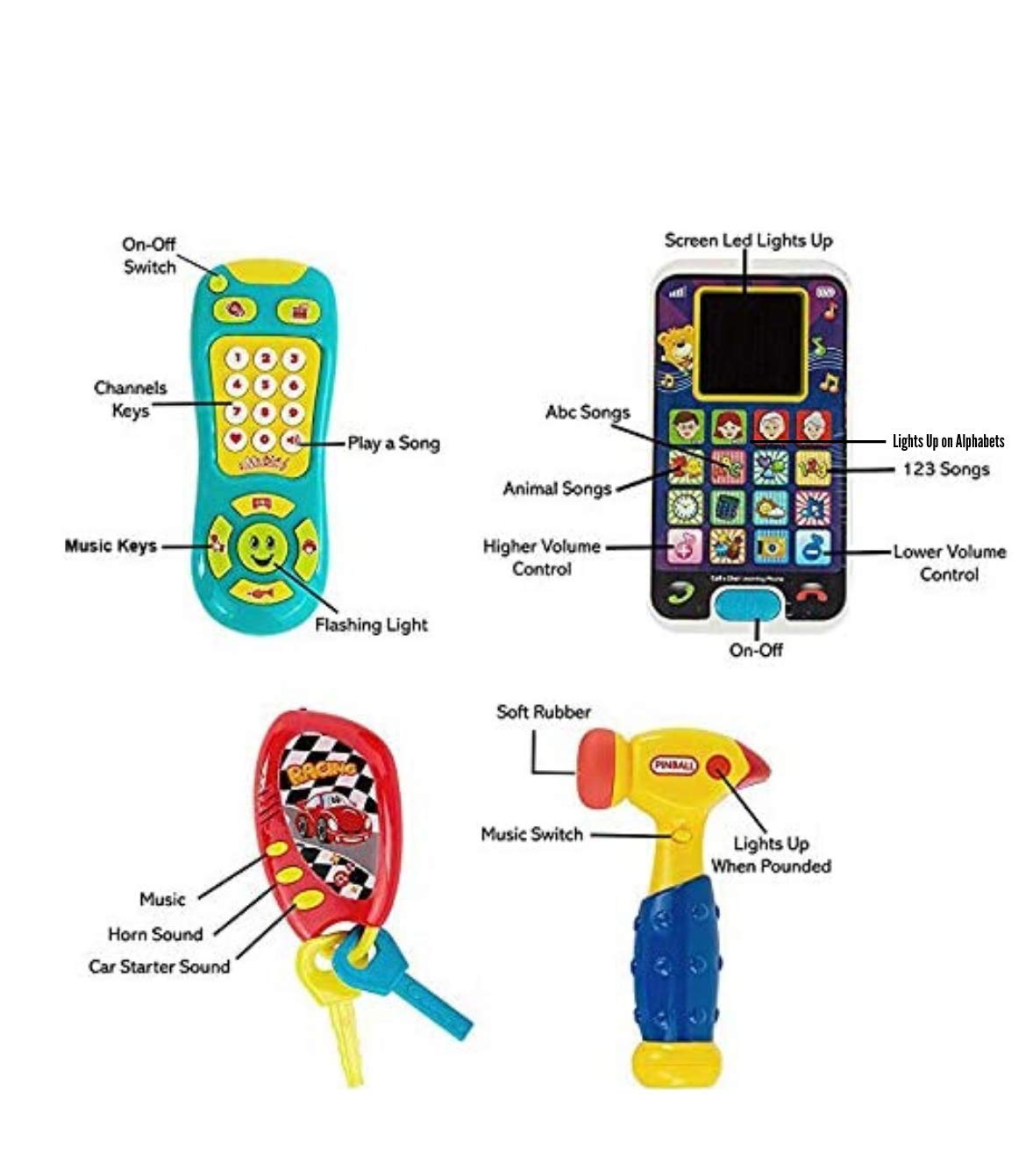 WALA - Learning Music Playset Bundle Smartphone with Car Keys Remote TV Control and Hammer - Pretend N Play with Storage Bag