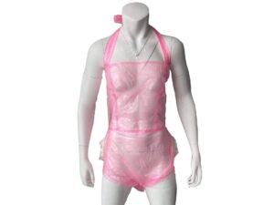 haian adult baby pvc snap through crotch romper with frills (transparent pink, x-large)