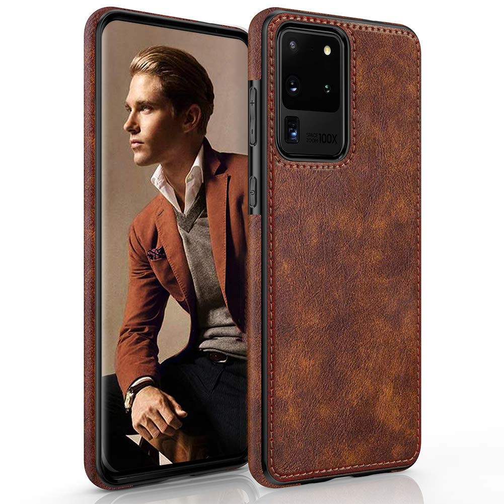 LOHASIC for Samsung Galaxy S20 Ultra Case, Premium Leather Luxury PU Non-Slip Grip Defender Bumper Shockproof Full Body Protective Cover Phone Cases for Galaxy S20 Ultra (2020) 6.9 inch - Brown