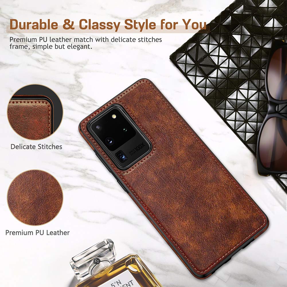 LOHASIC for Samsung Galaxy S20 Ultra Case, Premium Leather Luxury PU Non-Slip Grip Defender Bumper Shockproof Full Body Protective Cover Phone Cases for Galaxy S20 Ultra (2020) 6.9 inch - Brown