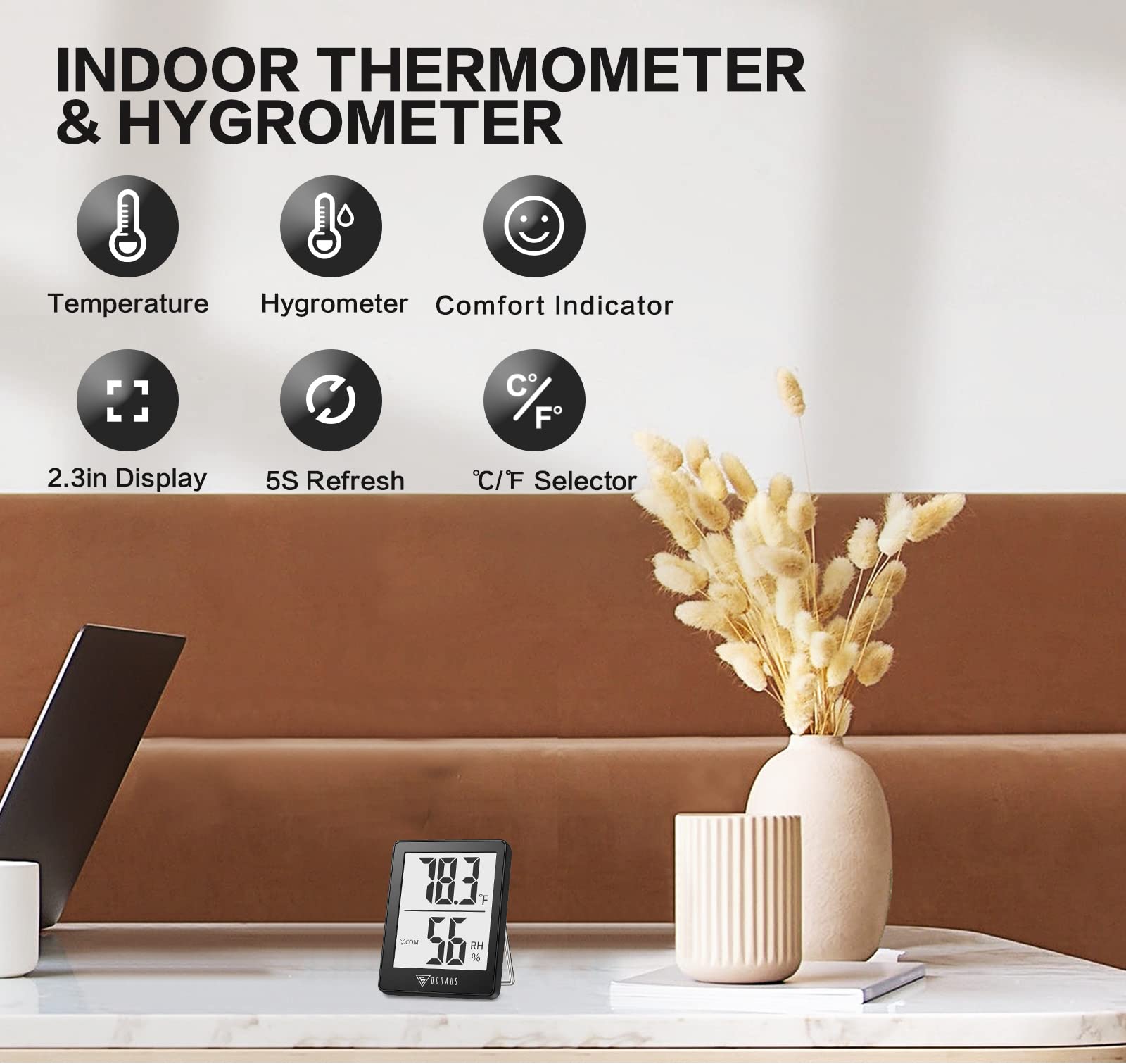 DOQAUS Digital Hygrometer, 2 Pack Indoor Thermometer, Humidity Meter with 5s Fast Refresh, Temperature Humidity Monitor Meter for Baby Room, Living Room, Basement, Greenhouse, Office, Humidors