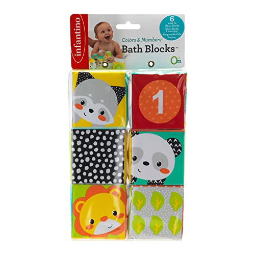 Infantino Colors & Numbers Bath Blocks - 6 Soft Blocks for Bath or Playtime, Adorable Animals, Numbers, Colors and Patterns, Fun to Stack, Toss, Grasp and Learn, for Babies and Toddlers, 0M+