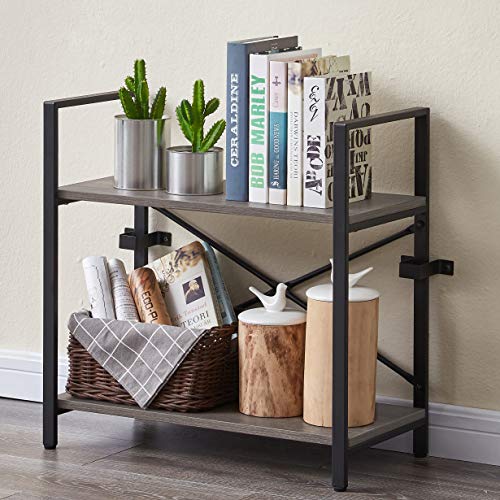 MNEETRUNG Small Bookshelf, 2-Tier Modern Wood Bookcase, Small Kitchen Storage Rack, Industrial Shelf Unit with Metal Frame for Living Room, Bathroom and Office, Ash Grey