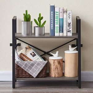 MNEETRUNG Small Bookshelf, 2-Tier Modern Wood Bookcase, Small Kitchen Storage Rack, Industrial Shelf Unit with Metal Frame for Living Room, Bathroom and Office, Ash Grey