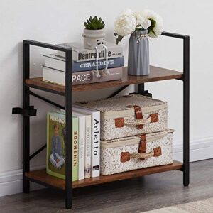 mneetrung mmneetrung bookshelf, 2-tier narrow modern wood bookcase, small kitchen shelf for storage, industrial shelf unit with metal frame for office, vintage brown