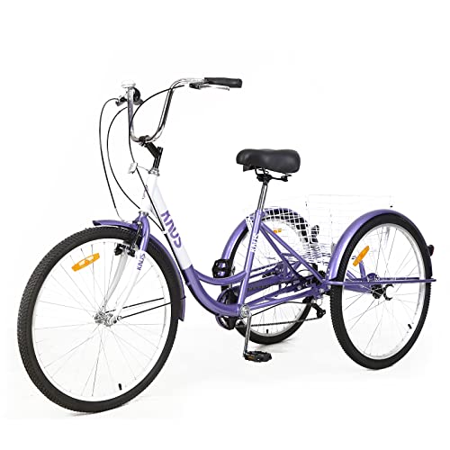 KNUS Adult Tricycle Trikes,7 Speed 3-Wheel Bikes,26 Inch Wheels Cruiser Bicycles with Large Shopping Basket for Women and Men -Purple