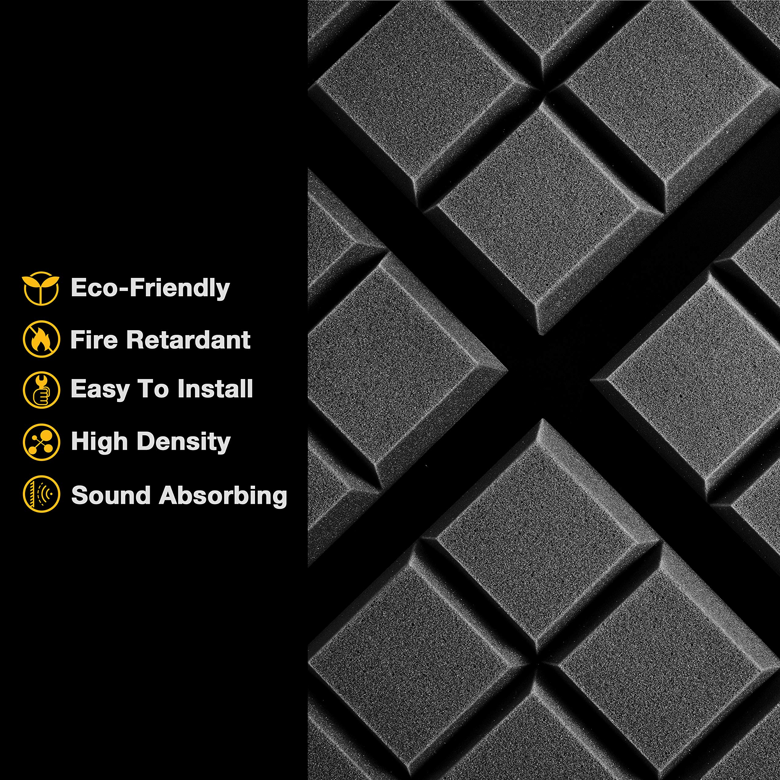 Fstop Labs Acoustic Panels 2" X 12" X 12" Acoustic Foam Panels, Beveled 9 Block Tiles, Sound Panels wedges Soundproof Foam Sound Insulation Absorbing (12 Pack, Black)