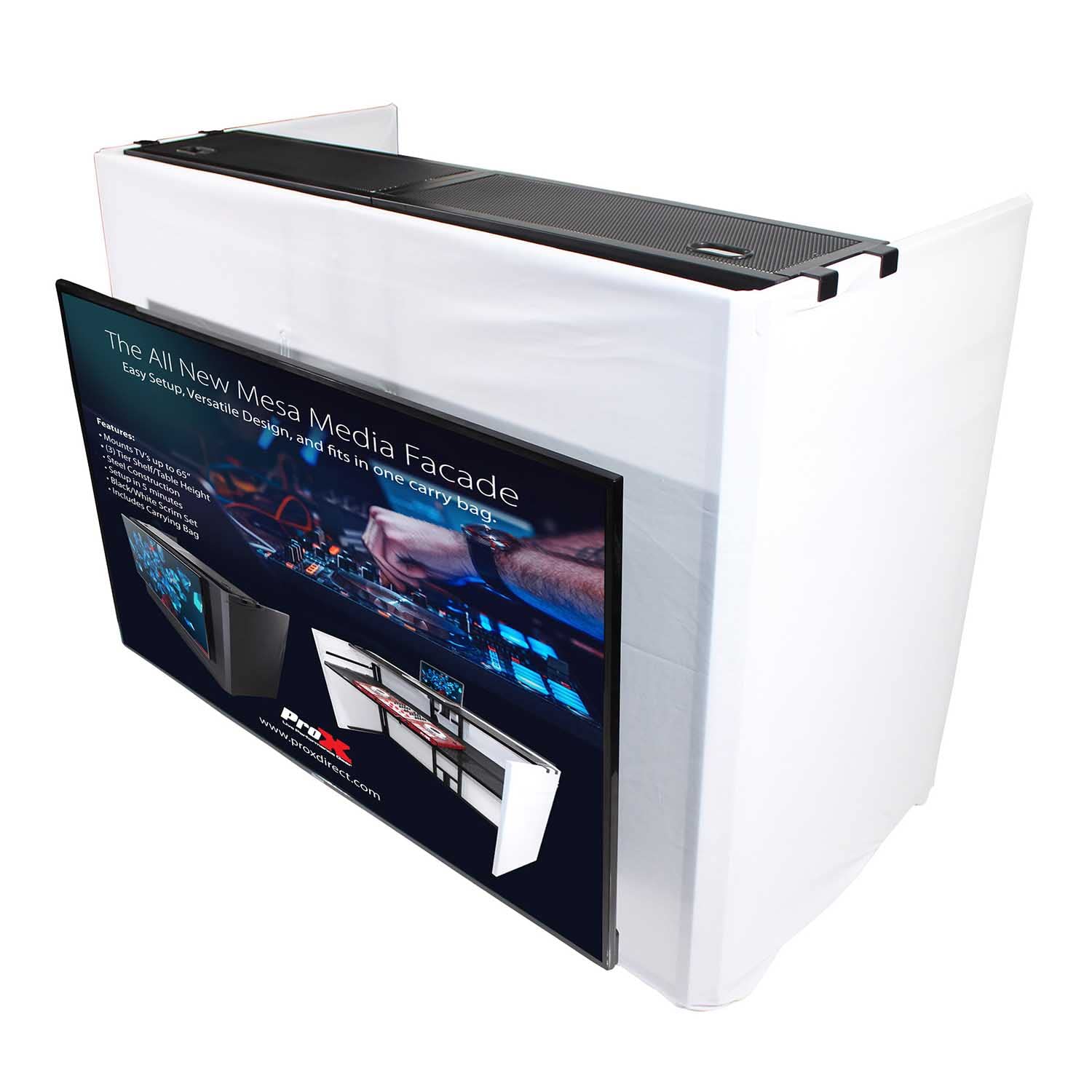 ProX XF-MESAMEDIA MK2 DJ Facade Table Station Includes TV Mount, White & Black Scrims and Carry Bag