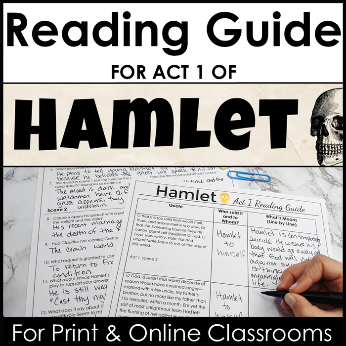 Reading Guide for Hamlet Act 1 - Questions by Scene, Quotes, and Analysis With Google Drive Link for Print and Online Classrooms