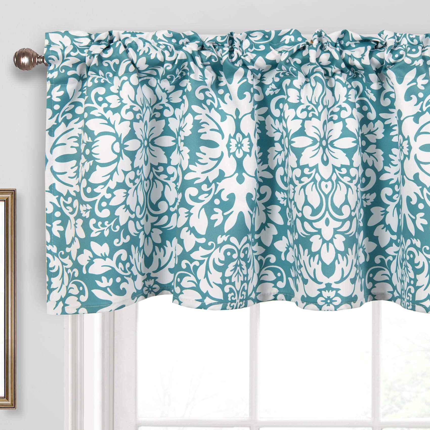 Th3mys Allover Abstract Floral Leaves Patterned Curtain Valances for Windows, Nature Flower Printed Valance for Living Room Kitchen Rod Pocket 52 Inch by 18 Inch Blue