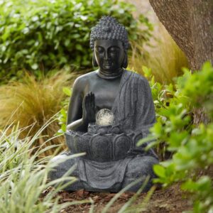 sitting buddha outdoor water fountain with light led 28" high faux stone meditation decor for garden patio backyard deck home lawn porch house relaxation exterior balcony roof - john timberland