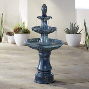 modern outdoor cascading floor water fountain with led light 3-tier teal blue ceramic 46" for yard garden patio backyard deck home lawn porch house exterior balcony - john timberland