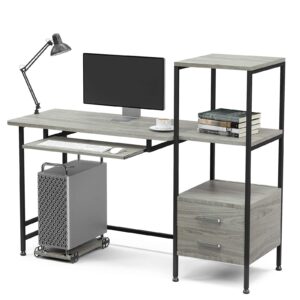 mecor computer desk with 2 drawer/keyboard tray, 55" study writing desk w/storage shelves modern simple style pc desk laptop study table workstation for home office (oak grey)