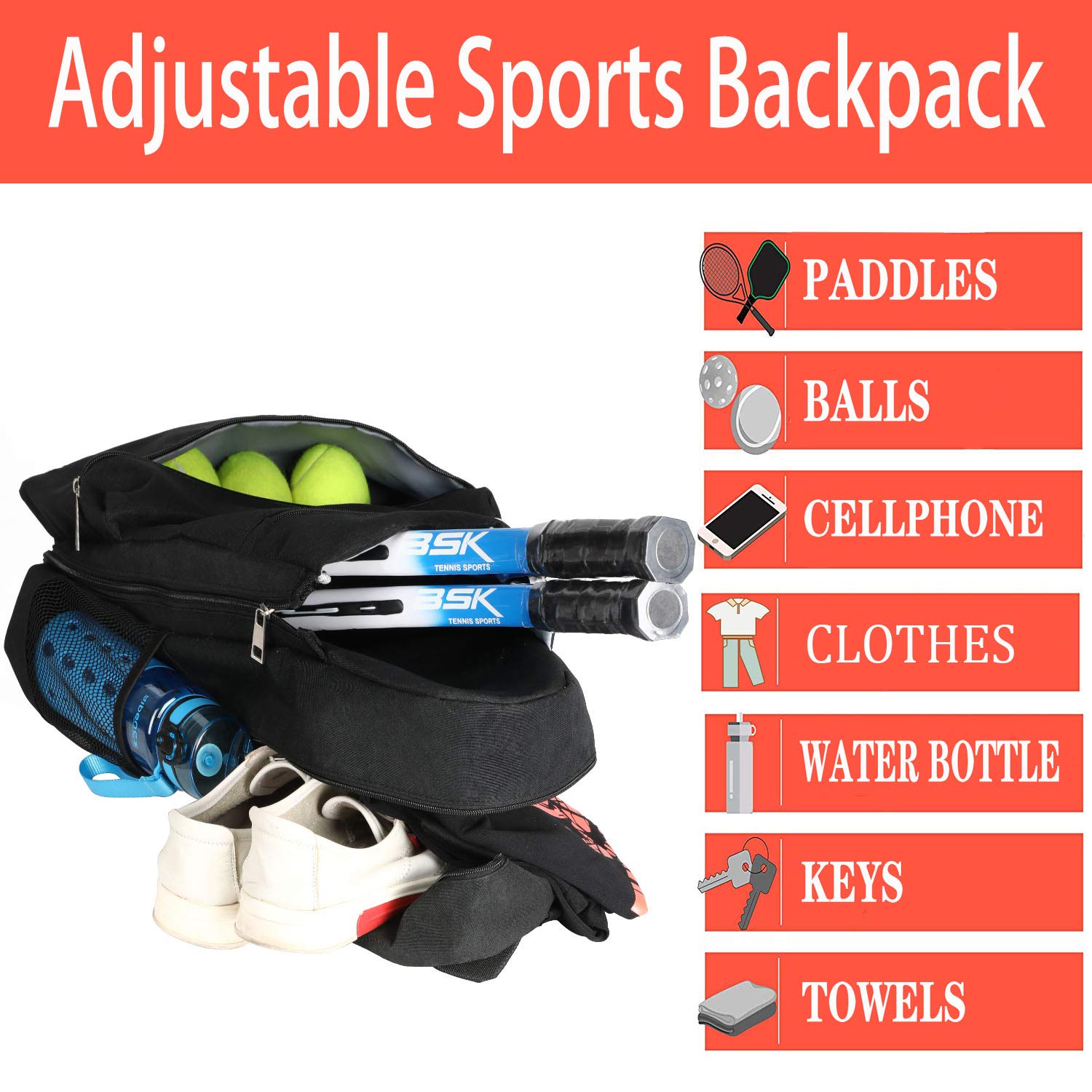 ACOSEN Tennis Bag Tennis Backpack - Large Tennis Bags for Women and Men to Hold Tennis Racket,Pickleball Paddles, Badminton Racquet, Squash Racquet,Balls and Other Accessories (Black)