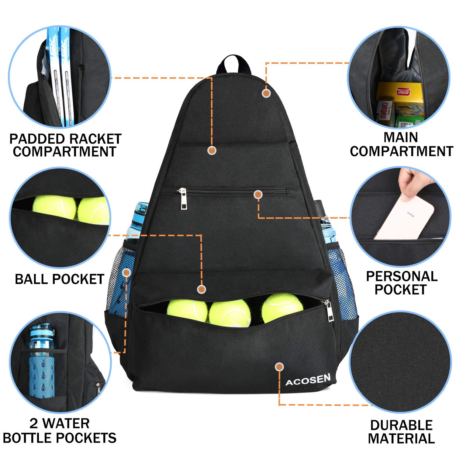 ACOSEN Tennis Bag Tennis Backpack - Large Tennis Bags for Women and Men to Hold Tennis Racket,Pickleball Paddles, Badminton Racquet, Squash Racquet,Balls and Other Accessories (Black)