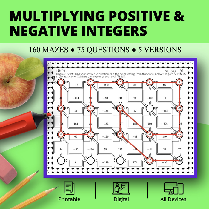 Multiplying Positive & Negative Integers Maze Activity Sets