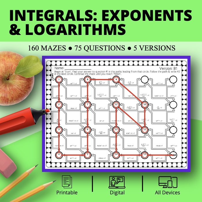 Calculus Integrals: Exponents & Logs Maze Activity Sets