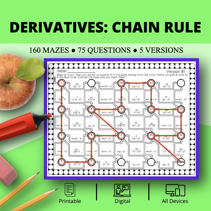 Calculus Derivatives: Chain Rule Maze Activity Sets