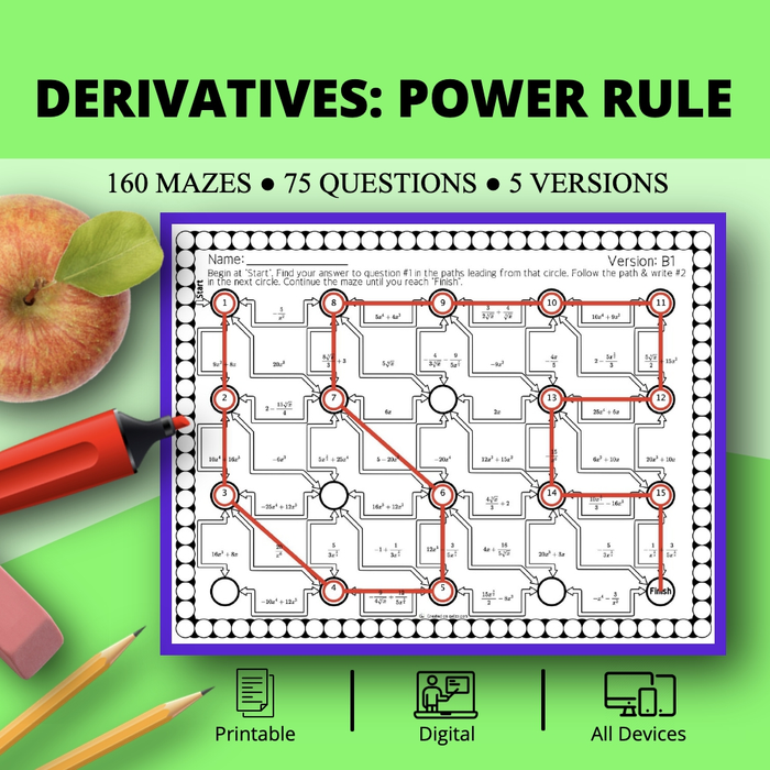 Calculus Derivatives: Power Rule Maze Activity Sets