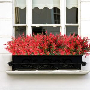 JEMONG 8 Bundles Artificial Lavender Flowers Outdoor UV Resistant Fake Flowers No Fade Faux Plastic Plants Garden Porch Window Box Decorating (Red)