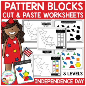 pattern block cut & paste worksheets: independence day