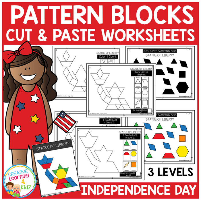 Pattern Block Cut & Paste Worksheets: Independence Day