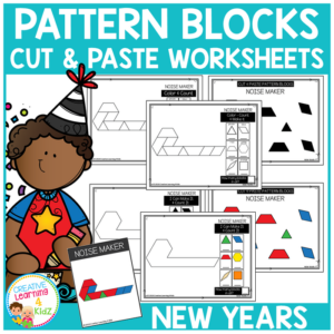 pattern block cut & paste worksheets: new years