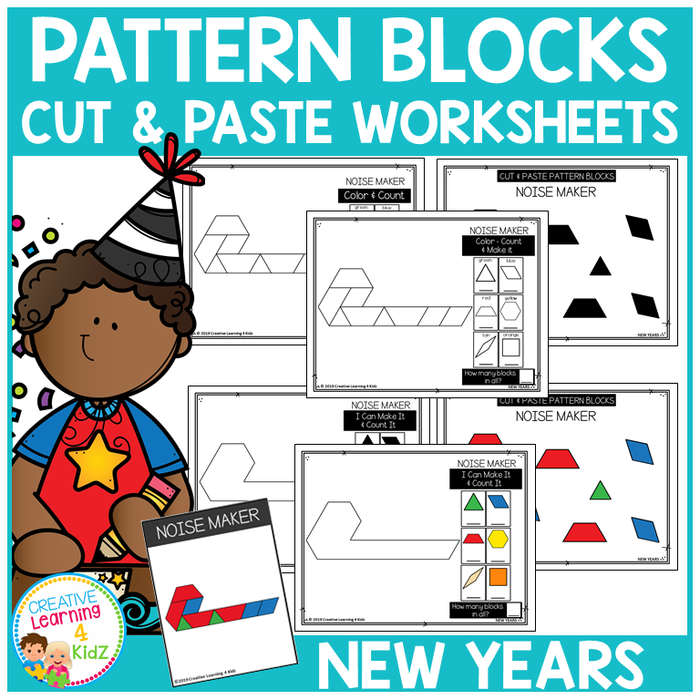 Pattern Block Cut & Paste Worksheets: New Years