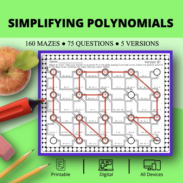 Algebra: Simplifying Polynomials Level 1 Maze Activity Sets