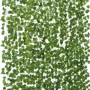 PARTY JOY 84Ft 12 Strands Artificial Ivy Leaf Vines Hanging Plants Garland Fake Foliage for Room Home Garden Bedroom Kitchen Patio Office Wedding Wall Decor (Green,960 Leaves)