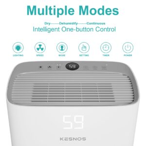 Kesnos 4500 Sq. Ft Dehumidifier for Home with Drain Hose -Ideal for Basements, Bedrooms, Bathrooms, Laundry Rooms -with Intelligent Control Panel, Front Display, 24 Hr Timer and 0.66 Gallon Water Tank