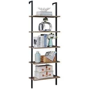 superjare industrial ladder shelf, 5-tier wood wall-mounted bookcase with stable metal frame, 72 inches storage rack shelves display plant flower, stand bookshelf for home office - vintage brown