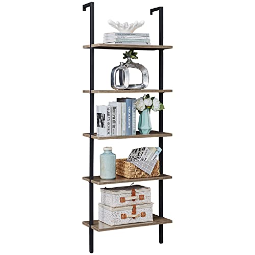 SUPERJARE Industrial Ladder Shelf, 5-Tier Wood Wall-Mounted Bookcase with Stable Metal Frame, 72 Inches Storage Rack Shelves Display Plant Flower, Stand Bookshelf for Home Office - Vintage Brown