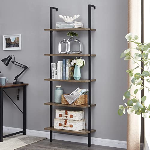 SUPERJARE Industrial Ladder Shelf, 5-Tier Wood Wall-Mounted Bookcase with Stable Metal Frame, 72 Inches Storage Rack Shelves Display Plant Flower, Stand Bookshelf for Home Office - Vintage Brown