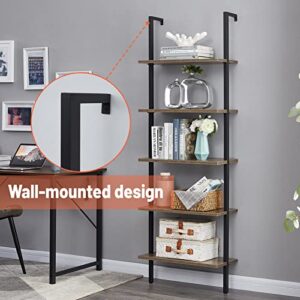 SUPERJARE Industrial Ladder Shelf, 5-Tier Wood Wall-Mounted Bookcase with Stable Metal Frame, 72 Inches Storage Rack Shelves Display Plant Flower, Stand Bookshelf for Home Office - Vintage Brown