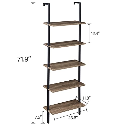 SUPERJARE Industrial Ladder Shelf, 5-Tier Wood Wall-Mounted Bookcase with Stable Metal Frame, 72 Inches Storage Rack Shelves Display Plant Flower, Stand Bookshelf for Home Office - Vintage Brown