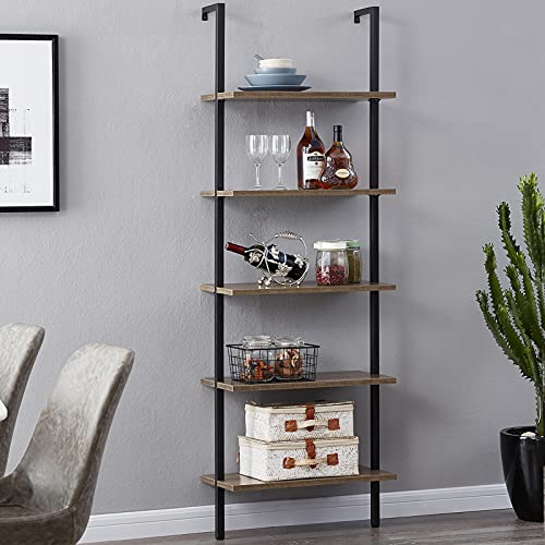 SUPERJARE Industrial Ladder Shelf, 5-Tier Wood Wall-Mounted Bookcase with Stable Metal Frame, 72 Inches Storage Rack Shelves Display Plant Flower, Stand Bookshelf for Home Office - Vintage Brown