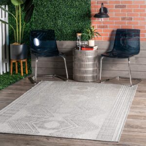 nuloom 7x9 outdoor/indoor ranya tribal area rug, light grey, geometric design, stain resistant, highly durable, for patio, balcony, bedroom, dining room, living room, bathroom