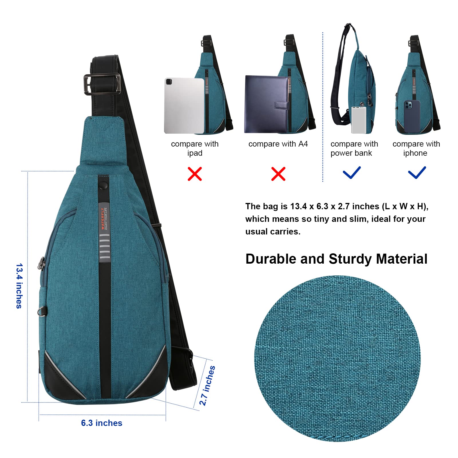 WATERFLY Tiny Crossbody Sling Backpack Anti Theft Backpack for Traveling Chest Shoulder Bag (Teal Blue)