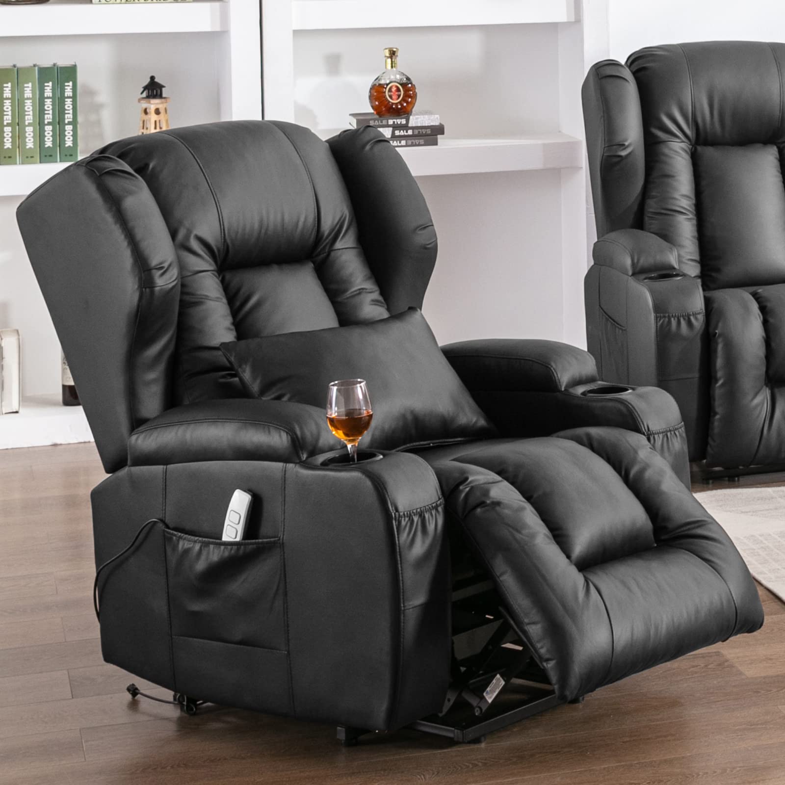 IPKIG Power Lift Recliner Chair for Elderly with Massage and Heating, PU Leather Electric Recliner Chair with USB Ports, Remote Control, 3 Positions, 2 Side Pockets for Home Living Room (L-Brown)