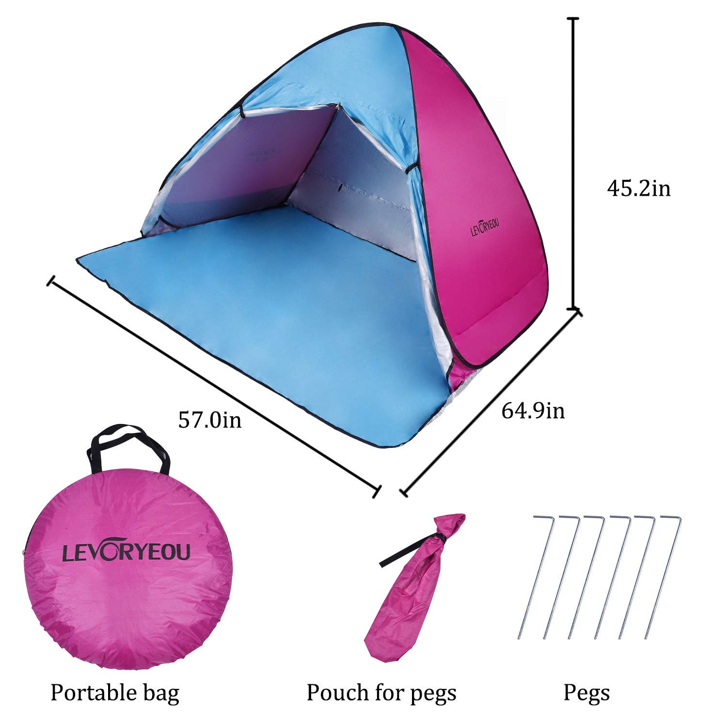 Pop Up Beach Tent, Quick Instant Automatic Portable Anti UV Sun Shelter Tents Fit 3-4 Persons for Outdoor Camping, Fishing, Park Picnic Baby Beach Tent (Blue-Pink)